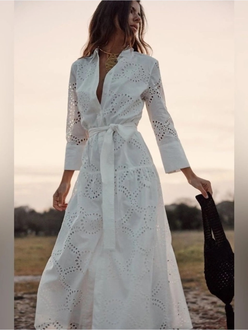 Zara White Eyelet Tie-Waist Maxi Dress